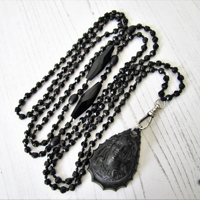 Antique Victorian French Jet Bead Guard Chain. Long Vauxhall Glass Mourning Chain With Silver Dog-Clip. Muff, Lorgnette Sautoir Necklace,