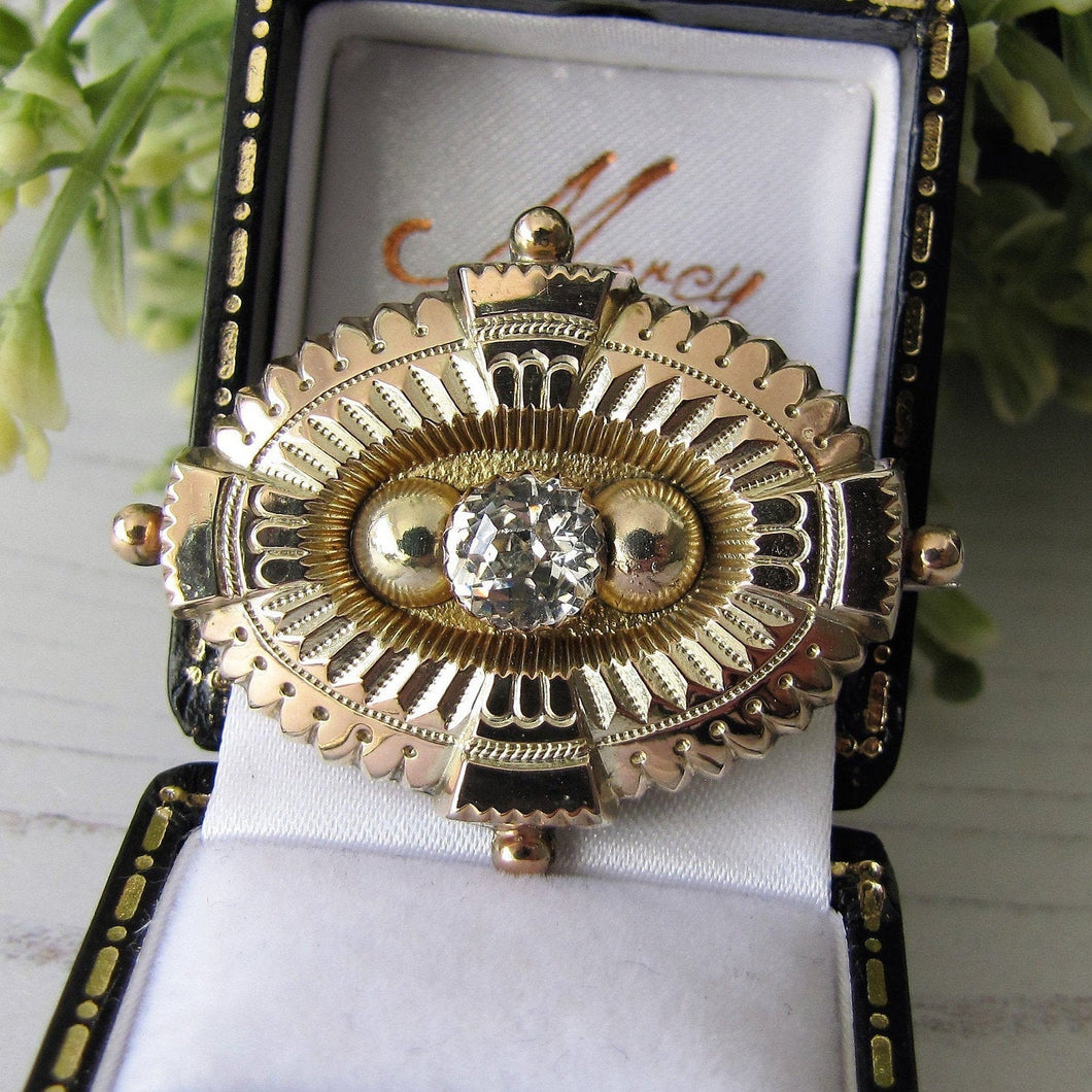 Antique Georgian/Victorian Gold Gilt & Paste Diamond Target Brooch. Etruscan Locket Back Brooch With Hair/Photo Compartment