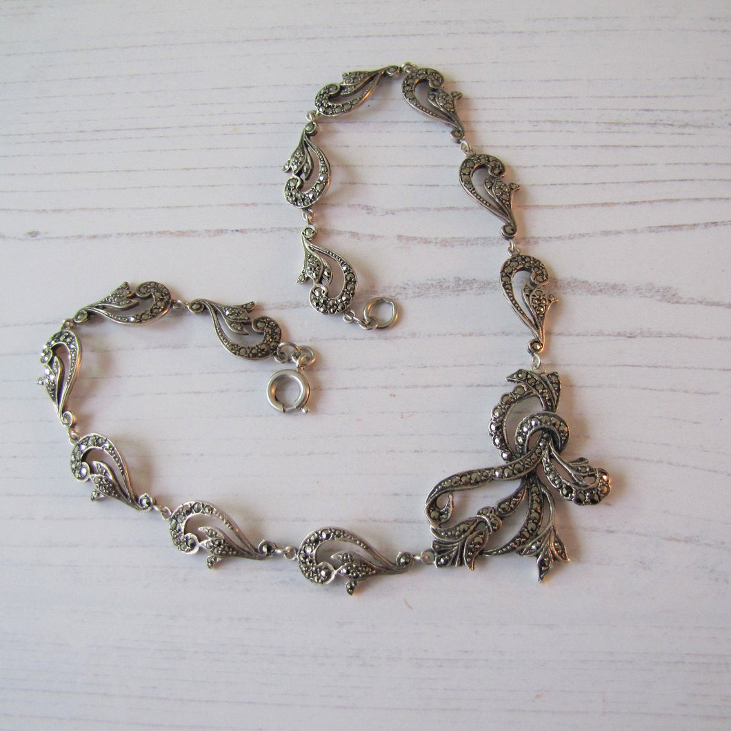 Antique Art Deco Sterling Silver & Marcasite Necklace. Art Nouveau Floral Ribbon Short Choker Necklace.
