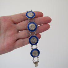 Load image into Gallery viewer, Vintage 1940s Sterling Silver &amp; Blue Enamel Bracelet. Britannia, Tudor Rose Guilloche Engraved Panel Bracelet. English Hallmarked Bracelet
