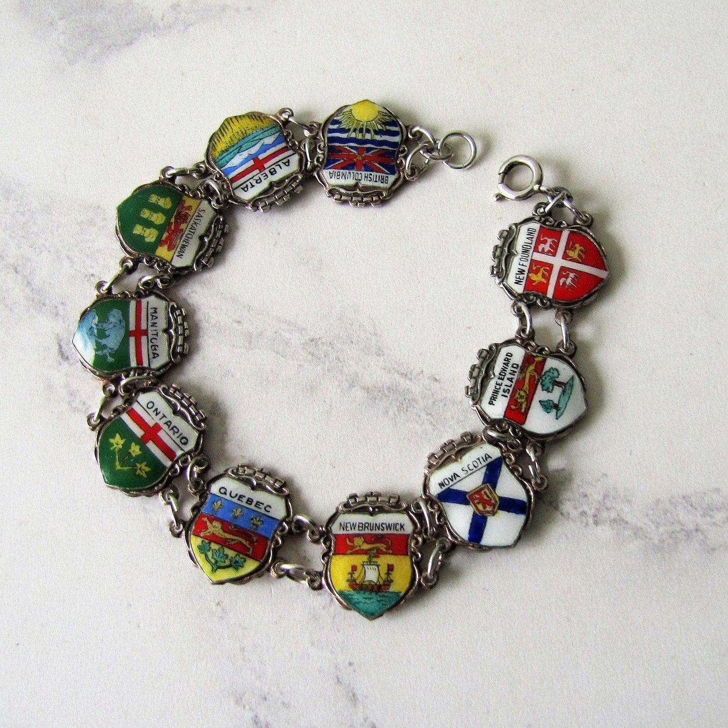 Vintage Sterling Silver & Enamel Charm Bracelet, Germany. Retro 1960s Canadian Provinces Souvenir Bracelet.