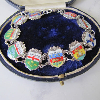 Vintage Sterling Silver & Enamel Charm Bracelet, Germany. Retro 1960s Canadian Provinces Souvenir Bracelet.