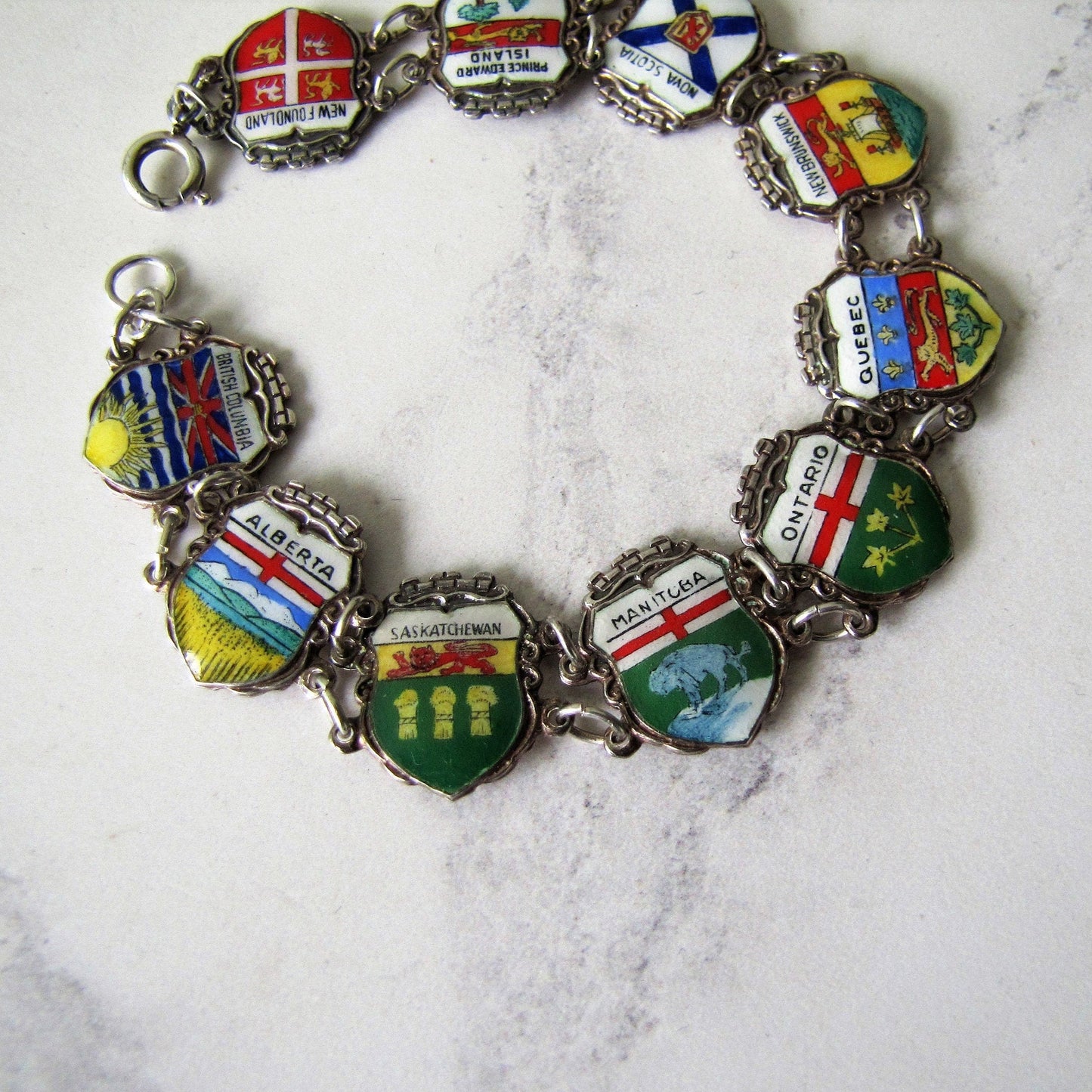 Vintage Sterling Silver & Enamel Charm Bracelet, Germany. Retro 1960s Canadian Provinces Souvenir Bracelet.