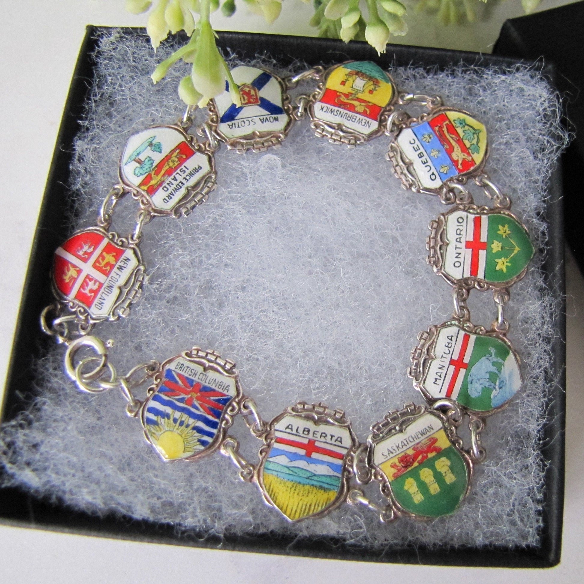 Vintage Sterling Silver & Enamel Charm Bracelet, Germany. Retro 1960s Canadian Provinces Souvenir Bracelet.