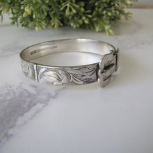 Load image into Gallery viewer, Vintage English Silver Buckle Bracelet Cuff. Floral Engraved Sterling Silver Victorian Style Buckle Bangle, 1976 Hallmarks.
