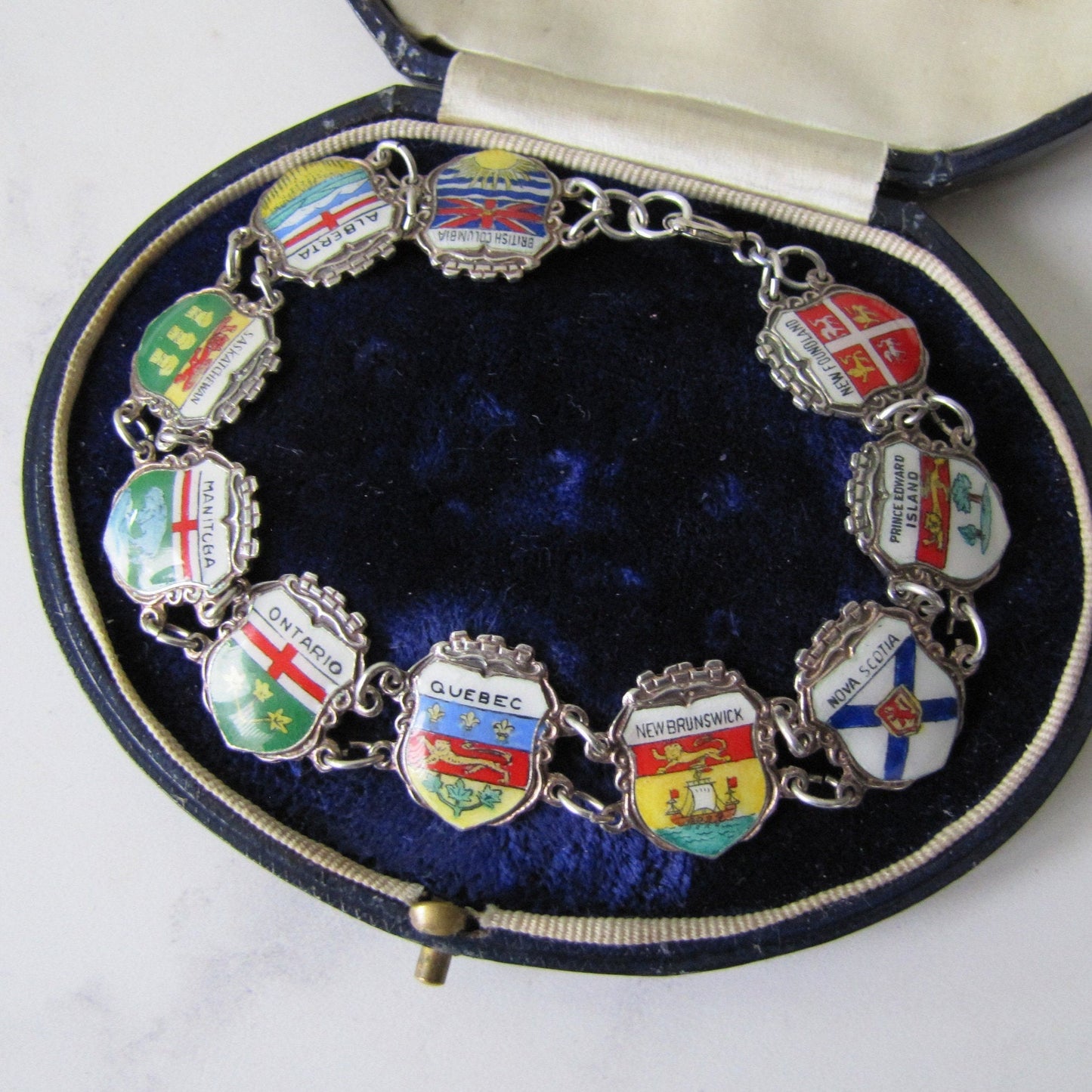 Vintage Sterling Silver & Enamel Charm Bracelet, Germany. Retro 1960s Canadian Provinces Souvenir Bracelet.
