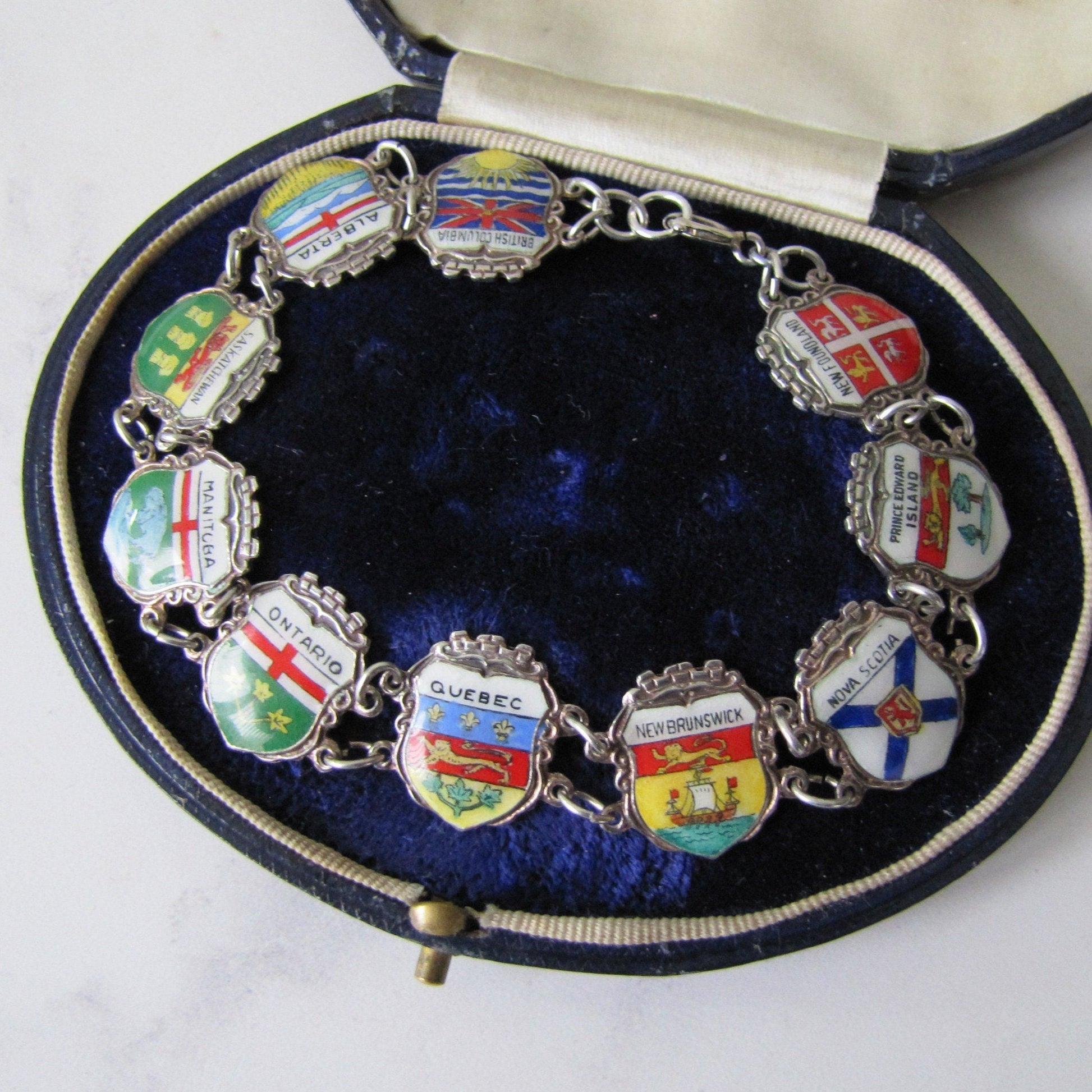 Vintage Sterling Silver & Enamel Charm Bracelet, Germany. Retro 1960s Canadian Provinces Souvenir Bracelet.