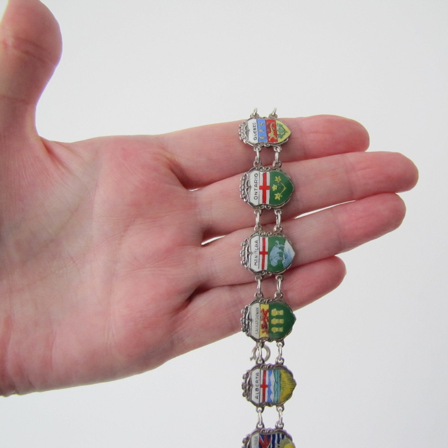 Vintage Sterling Silver & Enamel Charm Bracelet, Germany. Retro 1960s Canadian Provinces Souvenir Bracelet.