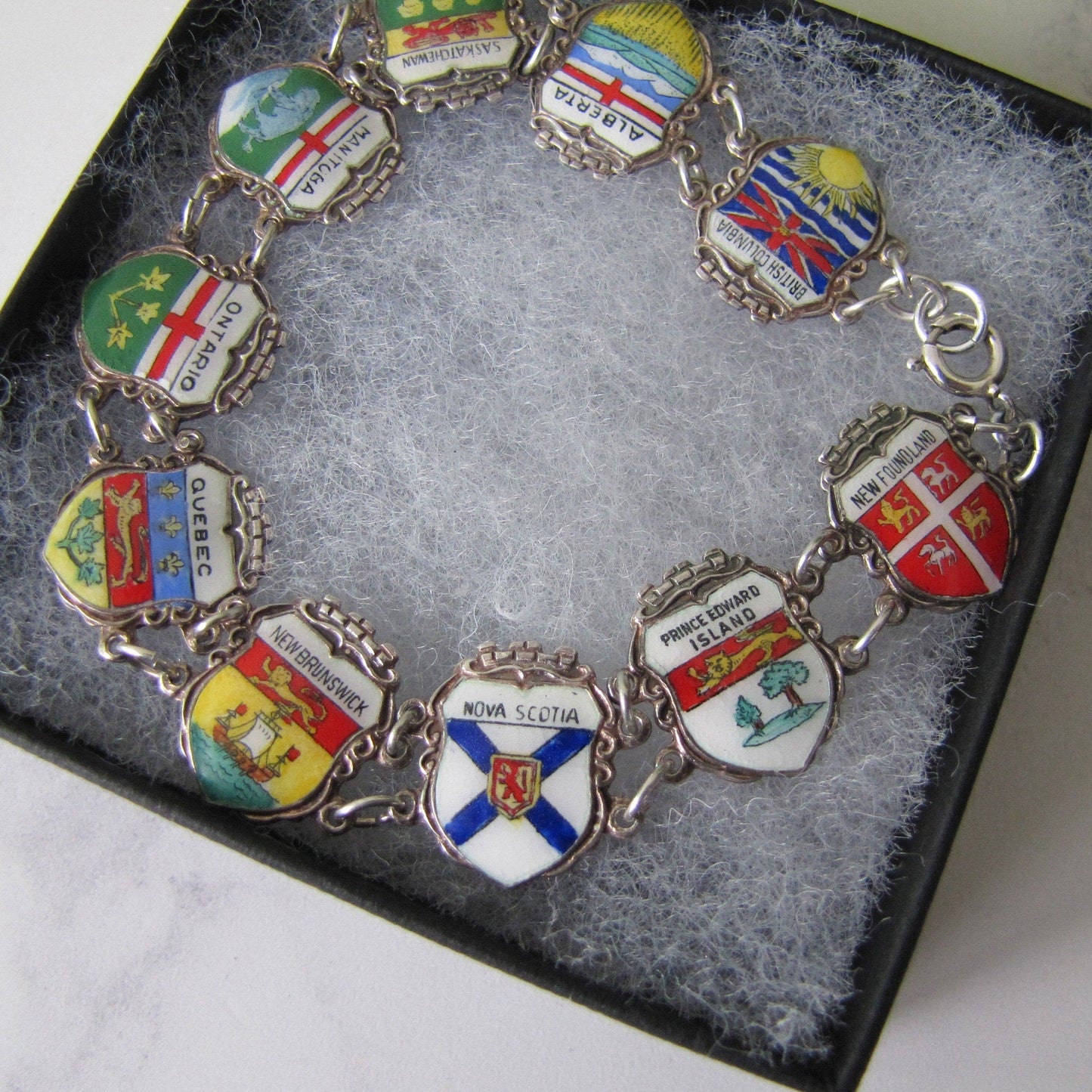 Vintage Sterling Silver & Enamel Charm Bracelet, Germany. Retro 1960s Canadian Provinces Souvenir Bracelet.