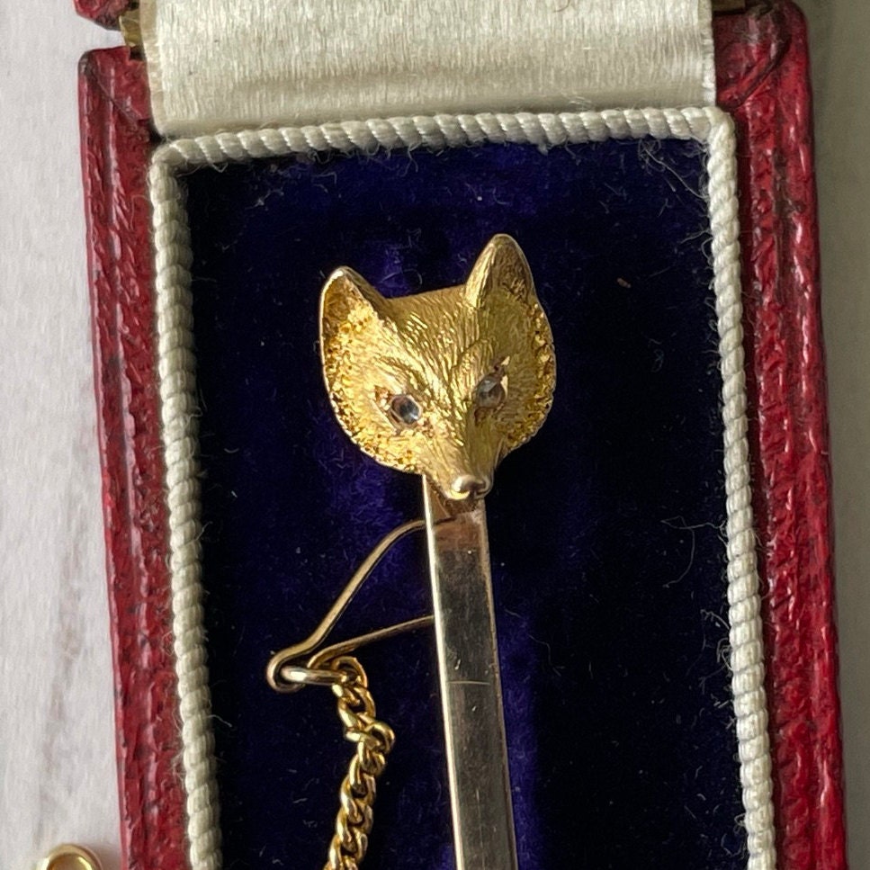 Victorian 15ct Gold & Diamond Fox Head Bar Brooch Brooch In Original Case