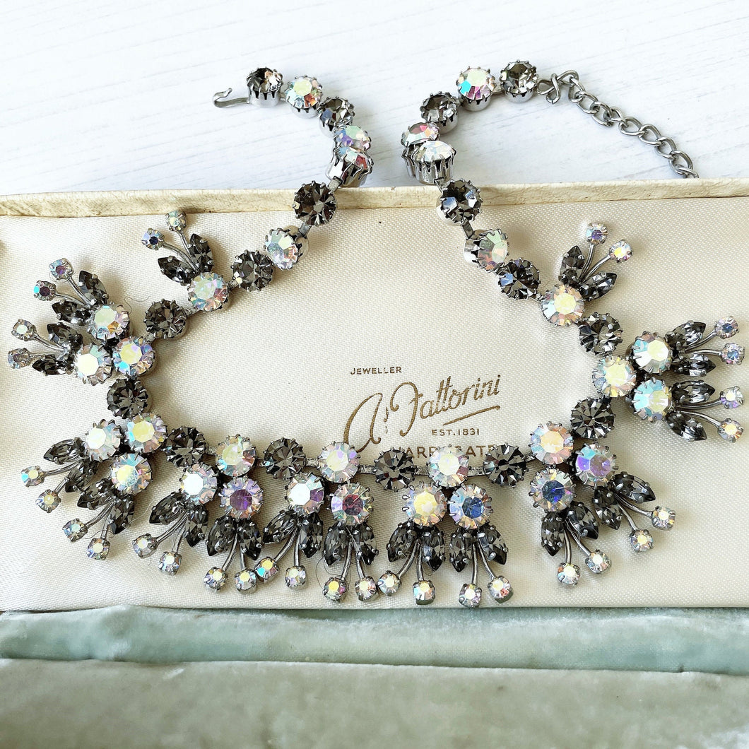 Vintage 1950s Austrian Crystal Collar Necklace. Misty Grey Aurora Borealis Rhinestone Flower Necklace.
