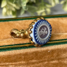 Cargar imagen en el visor de la galería, Rare Georgian Pinchbeck Gold &amp; Jasperware Cupid Pendant. Early Josiah Wedgwood Blue Jasper Ware Fob Style Pendant. Antique Georgian Jewelry
