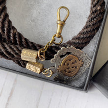 Carica l&#39;immagine nel visualizzatore di Gallery, Antique English Braided Hair Watch Chain With Silver &amp; Gold Pendant Fob. Victorian/Edwardian Albertina Pocket Watch Chain, Dog Clip, T-Bar.

