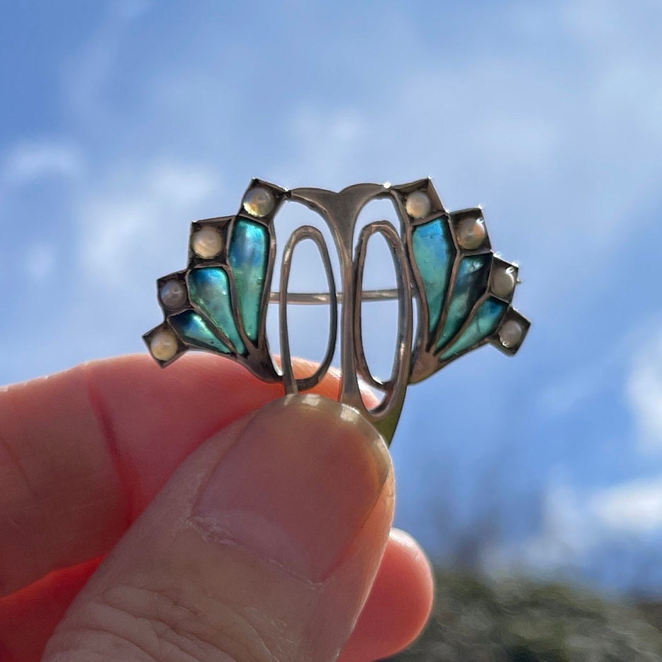 Antique Art Nouveau Plique a Jour and Pearl Brooch. Edwardian Silver & Enamel Pearl Drop Brooch, Germany. Levinger Bissinger Jewelry