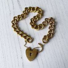 Load image into Gallery viewer, Antique 9ct Gold Curb Link Bracelet with Heart Padlock Clasp. 9ct Gold, Metal Core Chunky Chain Bracelet. Vintage Sweetheart Bracelet.

