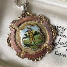 Cargar imagen en el visor de la galería, Antique 9ct Gold, Silver &amp; Enamel Fob Pendant. Superb Vintage Golfer Fob, Northern Goldsmiths, Hallmarked Chester 1936. Art Deco Pendant Fob
