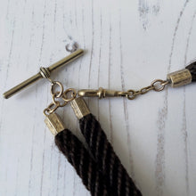 Cargar imagen en el visor de la galería, Antique English Braided Hair Watch Chain With Silver &amp; Gold Pendant Fob. Victorian/Edwardian Albertina Pocket Watch Chain, Dog Clip, T-Bar.
