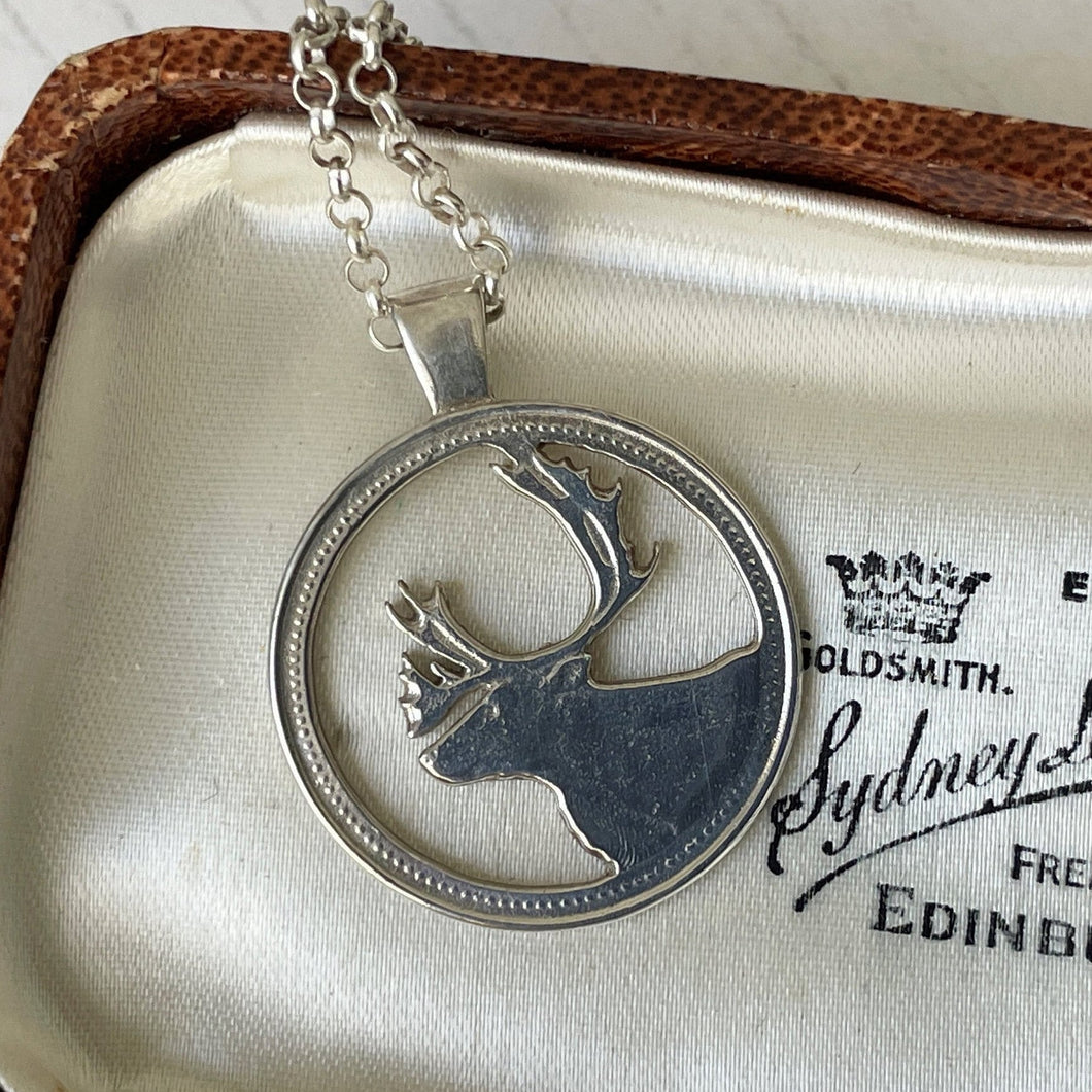 Vintage Sterling Silver Caribou Pendant Necklace. Cut Out Coin Pendant. Canadian Caribou Quarter Coin Pendant. Reindeer/Stag Pendant & Chain