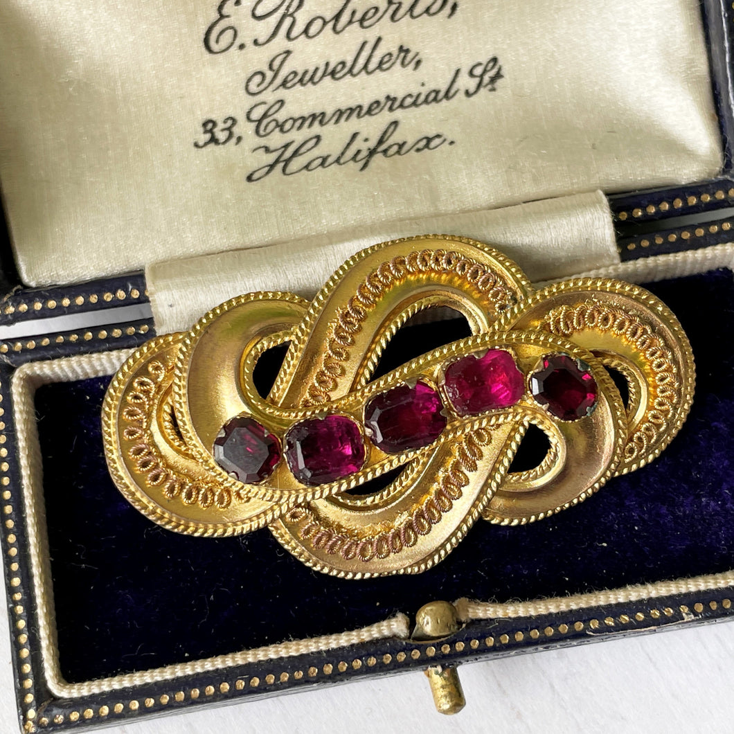 Antique Pinchbeck Gold & Ruby Paste Pendant Brooch. Georgian/Victorian Etruscan Revival Pendant. Gordian Knot/Ouroboros Eternity Brooch