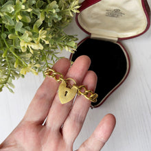 Cargar imagen en el visor de la galería, Antique 9ct Gold Curb Link Bracelet with Heart Padlock Clasp. 9ct Gold, Metal Core Chunky Chain Bracelet. Vintage Sweetheart Bracelet.
