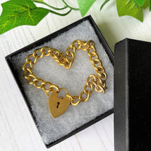 Load image into Gallery viewer, Antique 9ct Gold Curb Link Bracelet with Heart Padlock Clasp. 9ct Gold, Metal Core Chunky Chain Bracelet. Vintage Sweetheart Bracelet.
