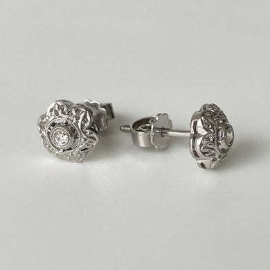 Antique Platinum & Diamond Stud Earrings. 1920s Art Deco Diamond Solitaire Flower Earrings with Antique Box