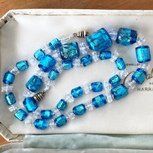 Load image into Gallery viewer, Antique Venetian Foil Glass Necklace. 1920s Art Deco Silver &amp; Gold Leaf Murano Glass Bead Collar Necklace. Electric Blue Cube Bead Necklace
