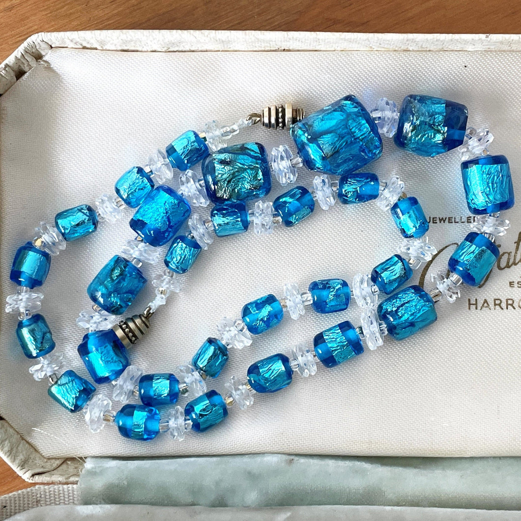 Antique Venetian Foil Glass Necklace. 1920s Art Deco Silver & Gold Leaf Murano Glass Bead Collar Necklace. Electric Blue Cube Bead Necklace