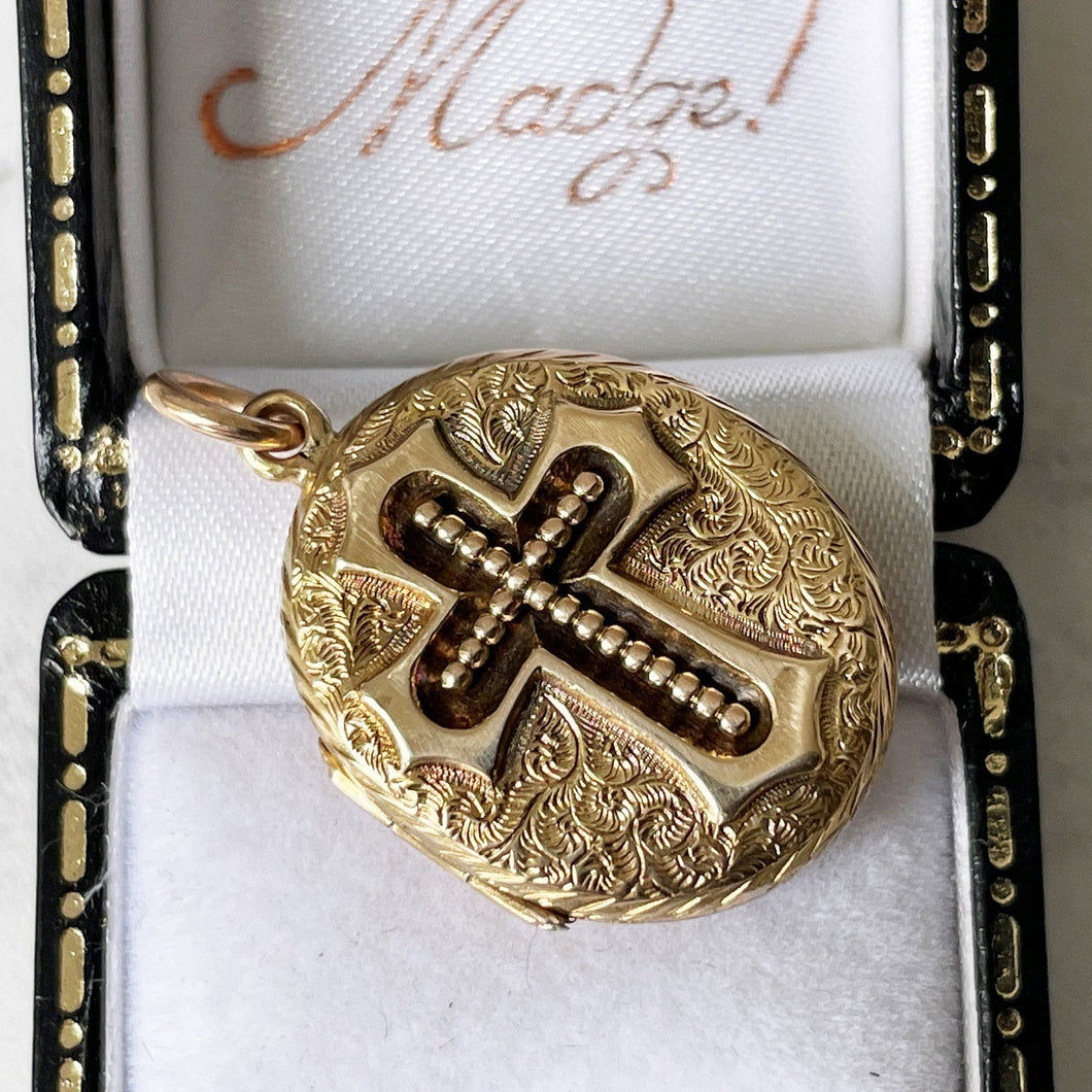 Antique Victorian 15ct Gold Engraved Forget-me-Not Flower & Cross Locket. Double Sided Solid Gold Mourning Locket