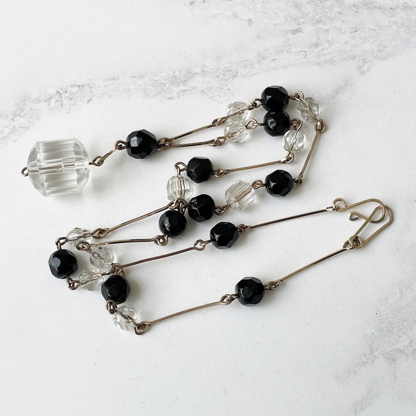 Antique Art Deco Glass Bead & Gold Chain Necklace. 1920s Pendant Drop Lavalier Necklace. Rolled Gold Fill Beaded Lariat Necklace