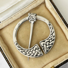 Load image into Gallery viewer, Rare Antique Sterling Silver Celtic Knotwork Zoomorphic Penannular Pin. Scottish Sterling Silver Two Sided Plaid Brooch, Alexander Ritchie
