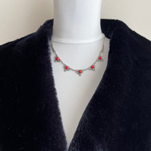 Load image into Gallery viewer, Antique Art Deco Mediterranean Coral &amp; Silver Necklace. 1920s Red Coral Italian 935 Silver Necklace. Art Nouveau Arabesque Panel Necklace
