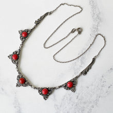 Load image into Gallery viewer, Antique Art Deco Mediterranean Coral &amp; Silver Necklace. 1920s Red Coral Italian 935 Silver Necklace. Art Nouveau Arabesque Panel Necklace
