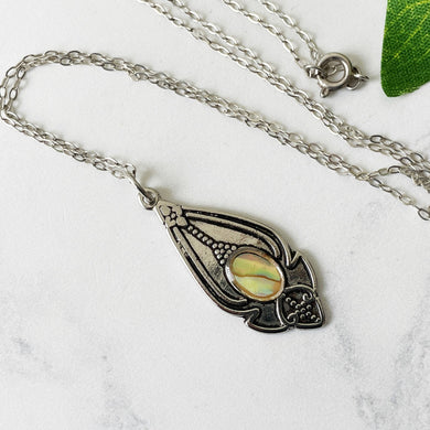 Art Nouveau Silver Abalone Shell Pendant Necklace. Antique Sterling Silver Arts & Crafts Necklace Pendant On Chain. Edwardian Necklace