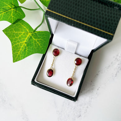 Vintage 18ct Gold Bohemian Garnet Earrings. Art Deco Revival Red Garnet Pendant Earrings. Cushion & Oval Cut Gold Dangle Earrings