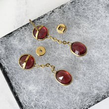 Load image into Gallery viewer, Vintage 18ct Gold Bohemian Garnet Earrings. Art Deco Revival Red Garnet Pendant Earrings. Cushion &amp; Oval Cut Gold Dangle Earrings
