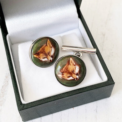 Vintage Sterling Silver & Hand Painted Enamel Fox Head Cufflinks. Equestrian Fox Hunting Jewellery. Vintage Jewellery Gift