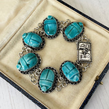 画像をギャラリービューアに読み込む, Antique Art Deco Silver Egyptian Revival Scarab Bracelet. 1920s Blue Egyptian Faience Pottery Amulet Bracelet with Hieroglyph Clasp &amp; Box
