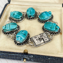 Load image into Gallery viewer, Antique Art Deco Silver Egyptian Revival Scarab Bracelet. 1920s Blue Egyptian Faience Pottery Amulet Bracelet with Hieroglyph Clasp &amp; Box
