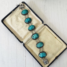 Load image into Gallery viewer, Antique Art Deco Silver Egyptian Revival Scarab Bracelet. 1920s Blue Egyptian Faience Pottery Amulet Bracelet with Hieroglyph Clasp &amp; Box

