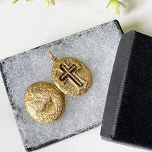 Load image into Gallery viewer, Antique Victorian 15ct Gold Engraved Forget-me-Not Flower &amp; Cross Locket. Double Sided Solid Gold Mourning Locket
