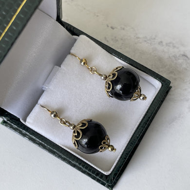 Antique Whitby Jet Orb Earrings. Victorian/Edwardian Gold Filigree & Black Jet Bead Earrings. Antique Drop Earrings