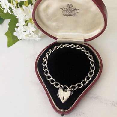 Vintage Silver Heart Padlock Bracelet. Victorian Style Sterling Silver Curb Chain Bracelet. English Watch Chain Bracelet, Hallmarked 1971