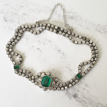 Load image into Gallery viewer, Antique Art Deco Paste Diamond &amp; Emerald Bracelet. 1920s Sterling Silver Articulated Bracelet. Emerald Cut Green Gemstone Bracelet.
