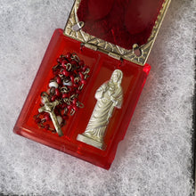 Load image into Gallery viewer, Antique Czech Red Glass Pocket Shrine With Rosary &amp; Sacred Heart Jesus Statue. Vatican Double Window Devotional Catholic Miniature Shrine
