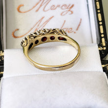 Cargar imagen en el visor de la galería, Vintage 9ct Gold 5 Stone Bohemian Garnet Ring. English Edwardian Revival Half Hoop Ring. Antique Style Stacking/Pinky Ring US 4-1/2/UK I
