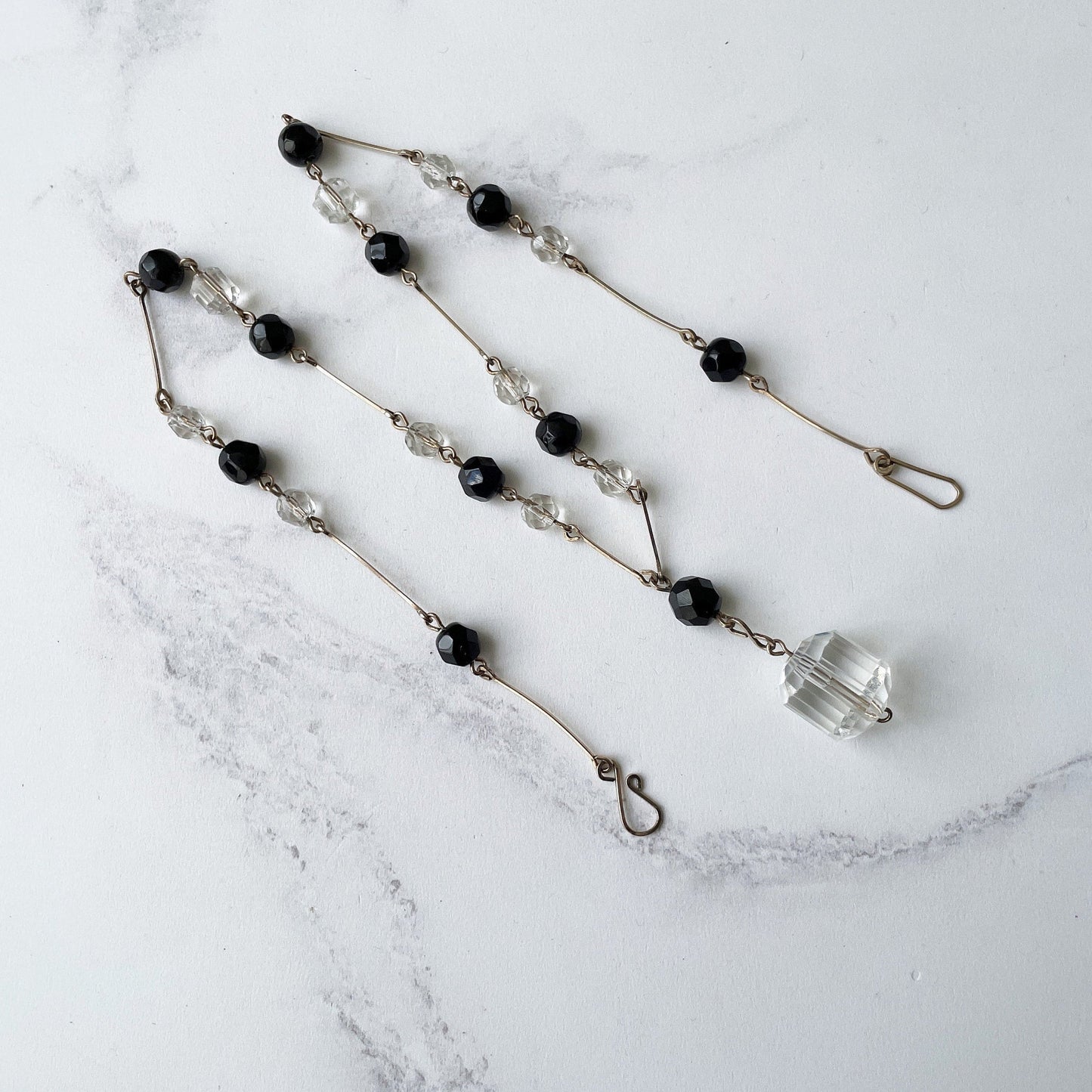 Antique Art Deco Glass Bead & Gold Chain Necklace. 1920s Pendant Drop Lavalier Necklace. Rolled Gold Fill Beaded Lariat Necklace