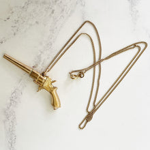 Cargar imagen en el visor de la galería, Victorian Gold Gilt Revolver Watch Key Pendant. Antique Gun Pendant On 9ct Gold Chain. Edwardian Gold Pocket Watch Key Novelty Fob.
