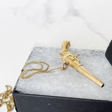 Cargar imagen en el visor de la galería, Victorian Gold Gilt Revolver Watch Key Pendant. Antique Gun Pendant On 9ct Gold Chain. Edwardian Gold Pocket Watch Key Novelty Fob.
