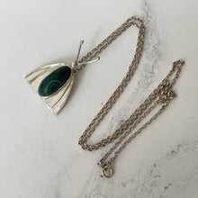 Load image into Gallery viewer, Vintage Sterling Silver And Malachite Moth Pendant. Art Nouveau Revival Pendant Necklace. Antique Arts &amp; Crafts Style Pendant and Chain.

